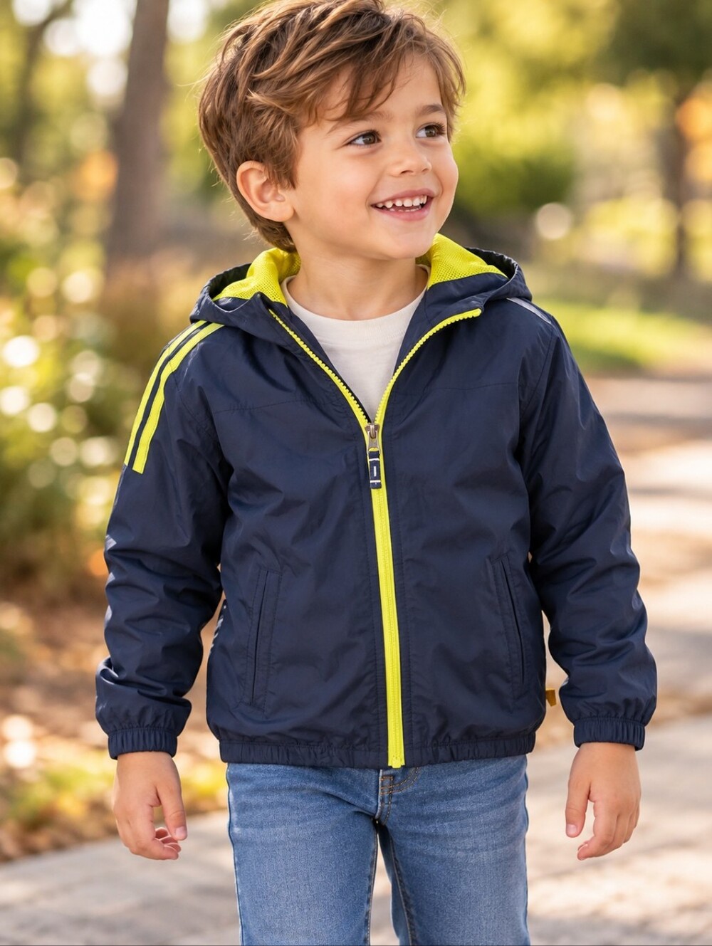 Baby Gap Boys Navy Blue Neon Yellow Hooded Windbreaker Jacket